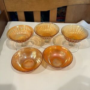 Vintage Orange Carnival Glass Iridescent Glass Dessert Bowls- 5 piece set